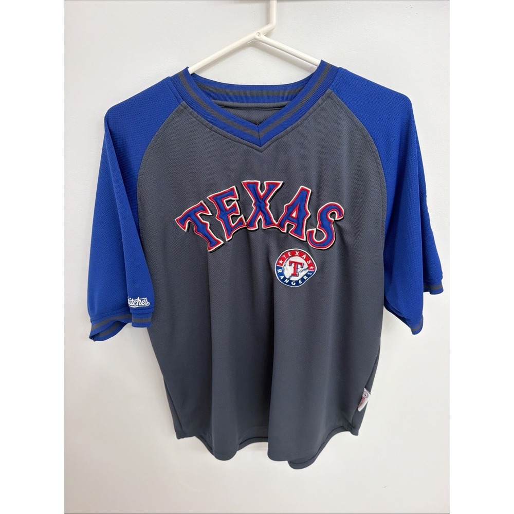 Texas Rangers Stitches Jersey Mens XL Gray Blue MLB V-Neck Sewn Logo